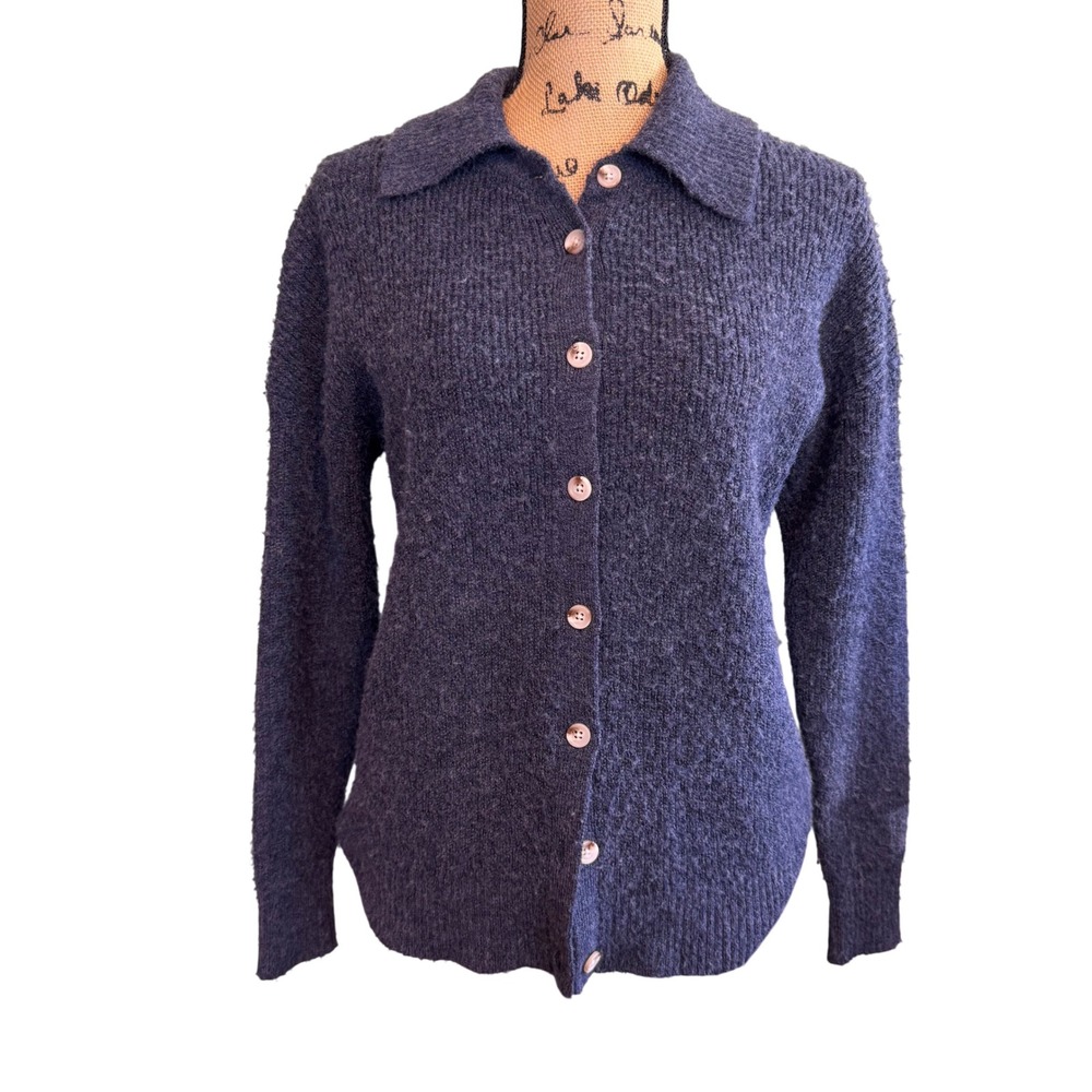 Central Park West Women Preppy Cozy Comfy Warm Knit Collared Cardigan Blue Small